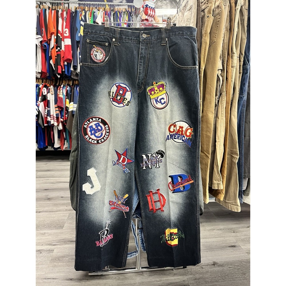 Vintage Y2K Head Gear Multi Patch Negro League Faded Black Denim Jeans Size 36